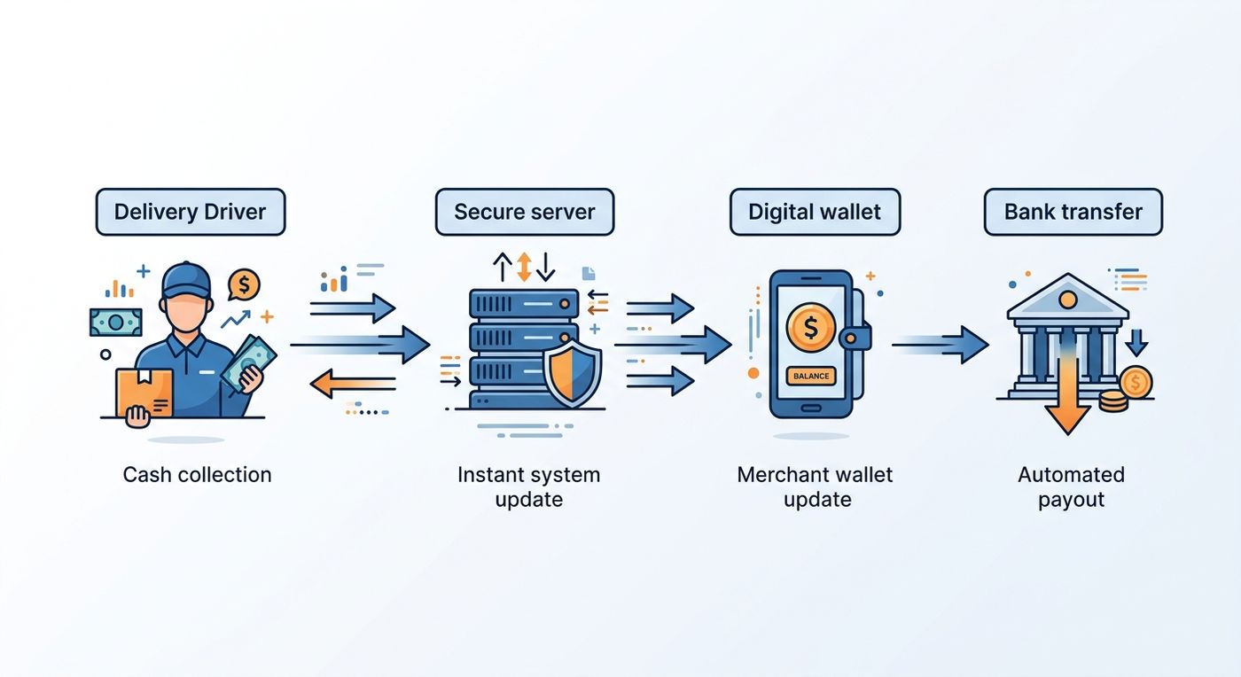 Technical flowchart explaining the automated COD reconciliation and merchant payout process in a logistics ERP system.