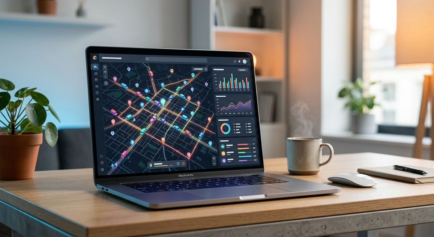 A modern SaaS dashboard mockup on a laptop screen showing real-time delivery route optimization and fleet dispatching tracking.