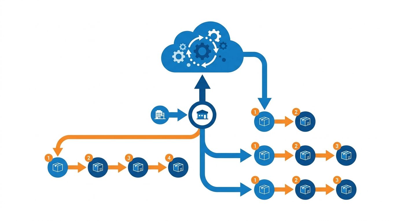 A technical process diagram illustrating the flow of automated dispatching and last-mile route optimization.