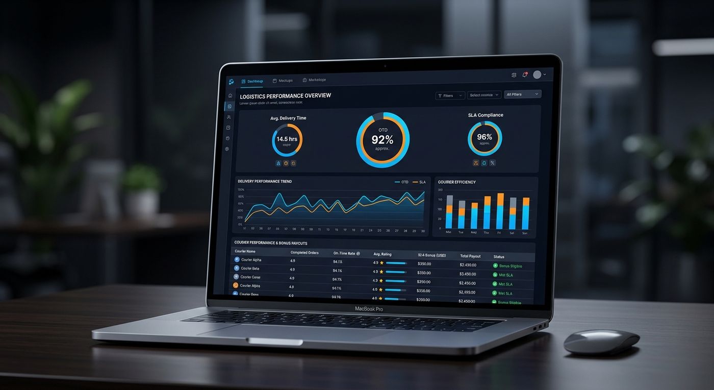 عرض توضيحي لواجهة لوحة تحكم شيب ريكس لإدارة اتفاقيات مستوى الخدمة على شاشة كمبيوتر محمول، تعرض تتبع أداء المناديب ومؤشرات المدفوعات التلقائية.