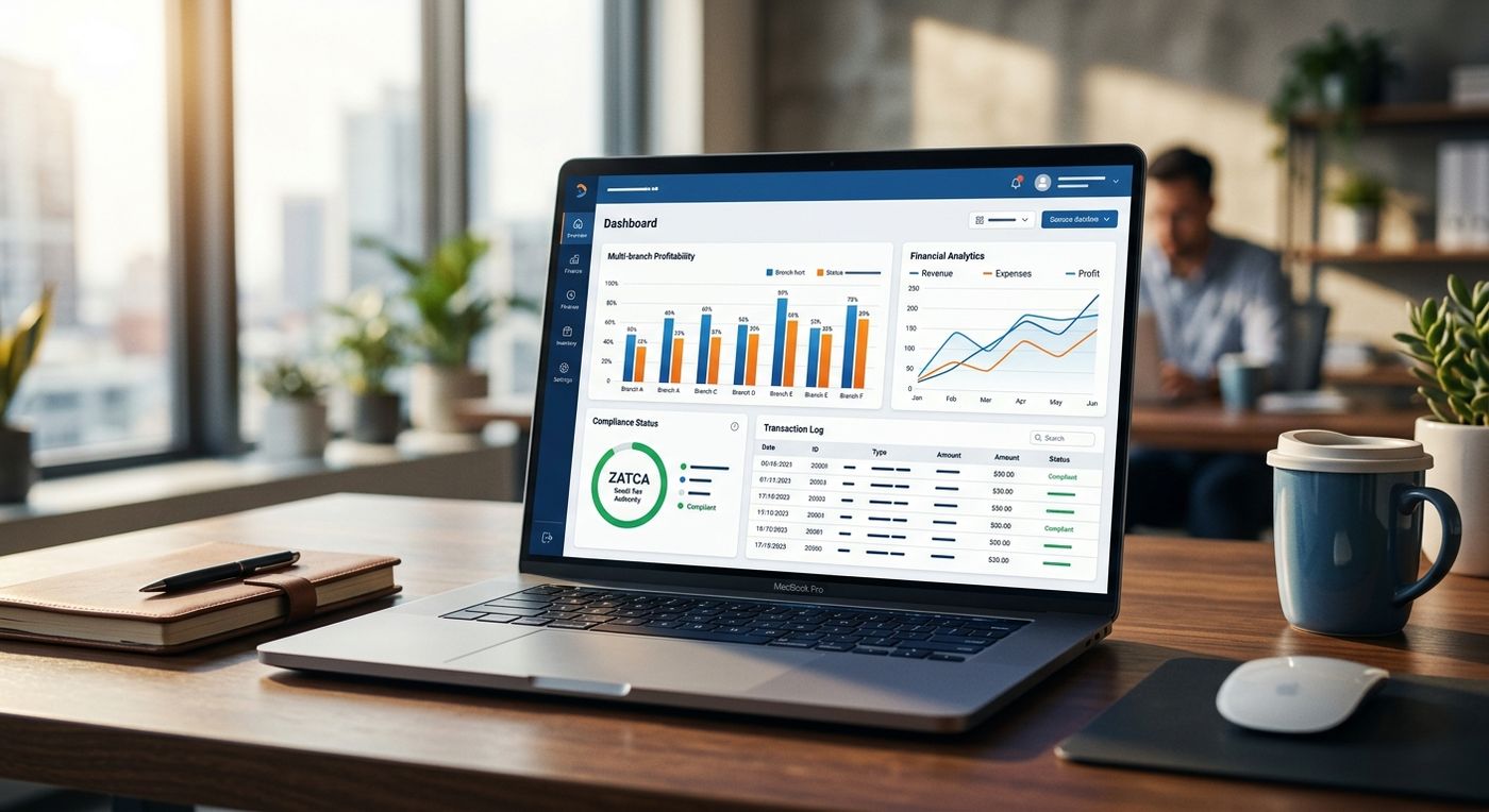 Modern SaaS dashboard on a laptop showcasing multi-branch financial reporting and ZATCA compliance metrics.