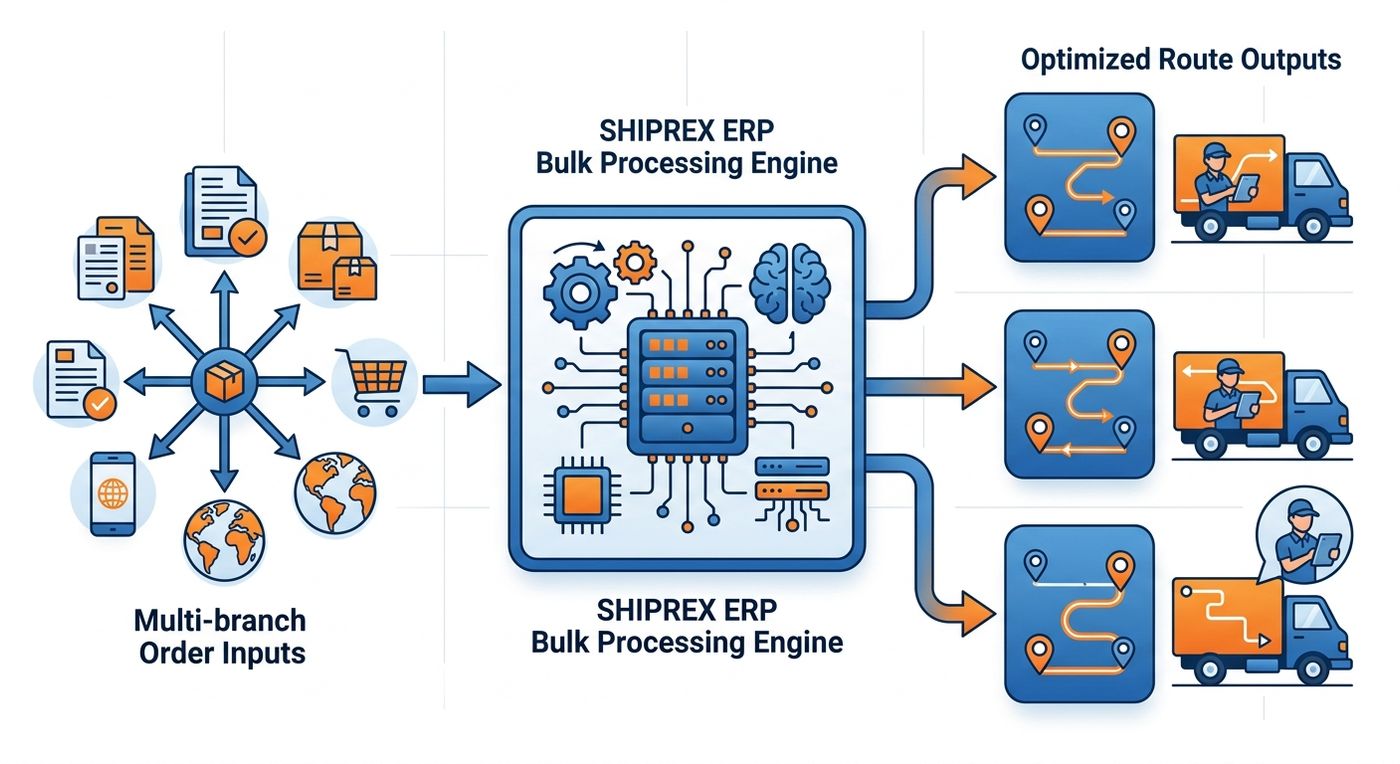 A technical flowchart diagram illustrating the multi-branch order processing and route optimization workflow in Shiprex.