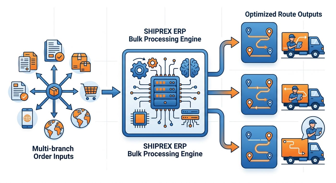 A technical flowchart diagram illustrating the multi-branch order processing and route optimization workflow in Shiprex.