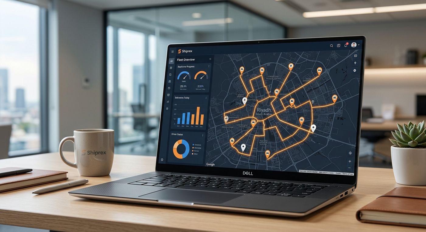 Shiprex shipping fleet management software dashboard showing real-time driver tracking and route optimization for logistics companies in KSA and UAE.