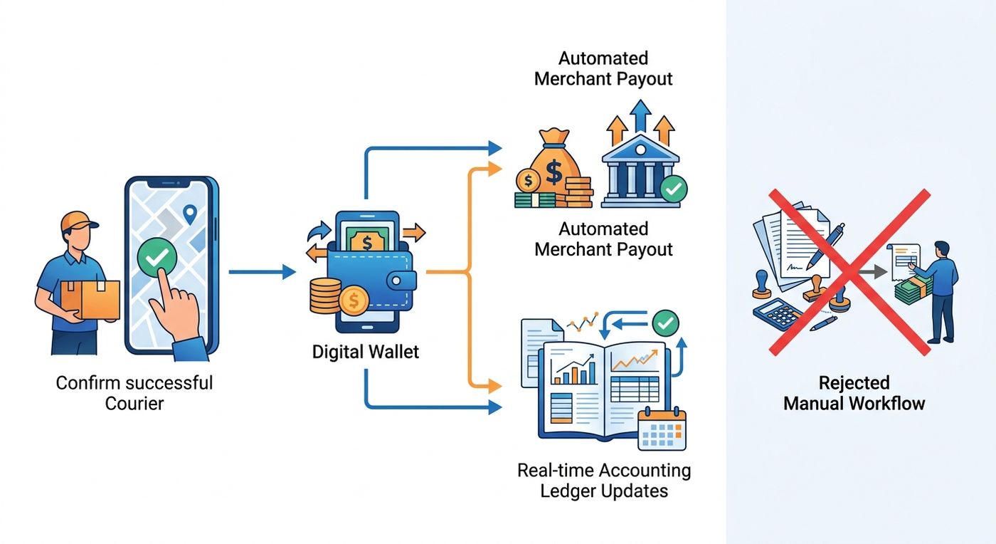 مخطط تقني يوضح سير عمل تسوية مبالغ الدفع عند الاستلام المؤتمتة بدءًا من تأكيد السائق وصولاً إلى قيد المحفظة الرقمية والتحويل التلقائي للمواصفات.