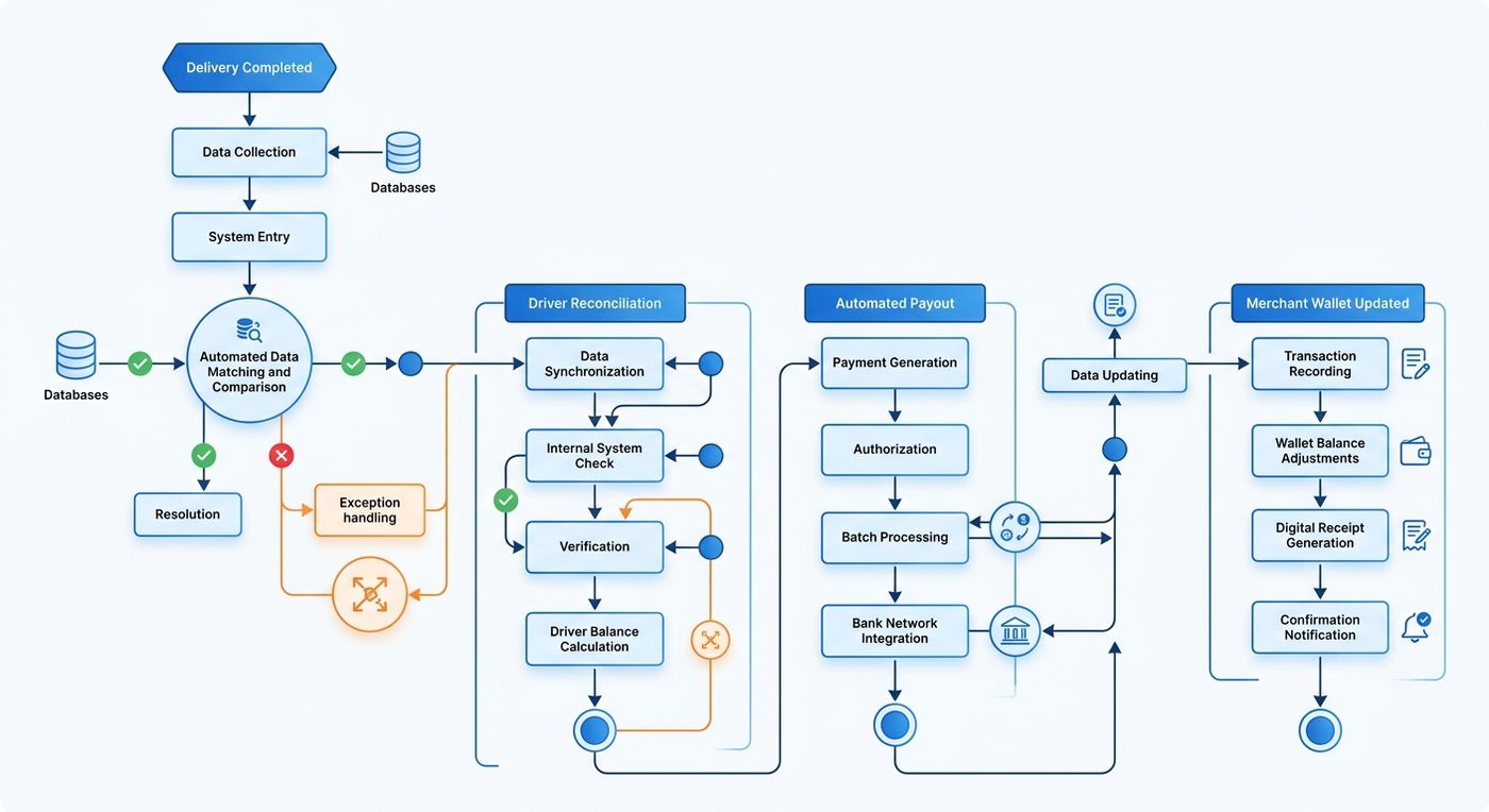 A technical flowchart diagram illustrating the automated COD reconciliation and merchant wallet payout workflow in a logistics ERP.