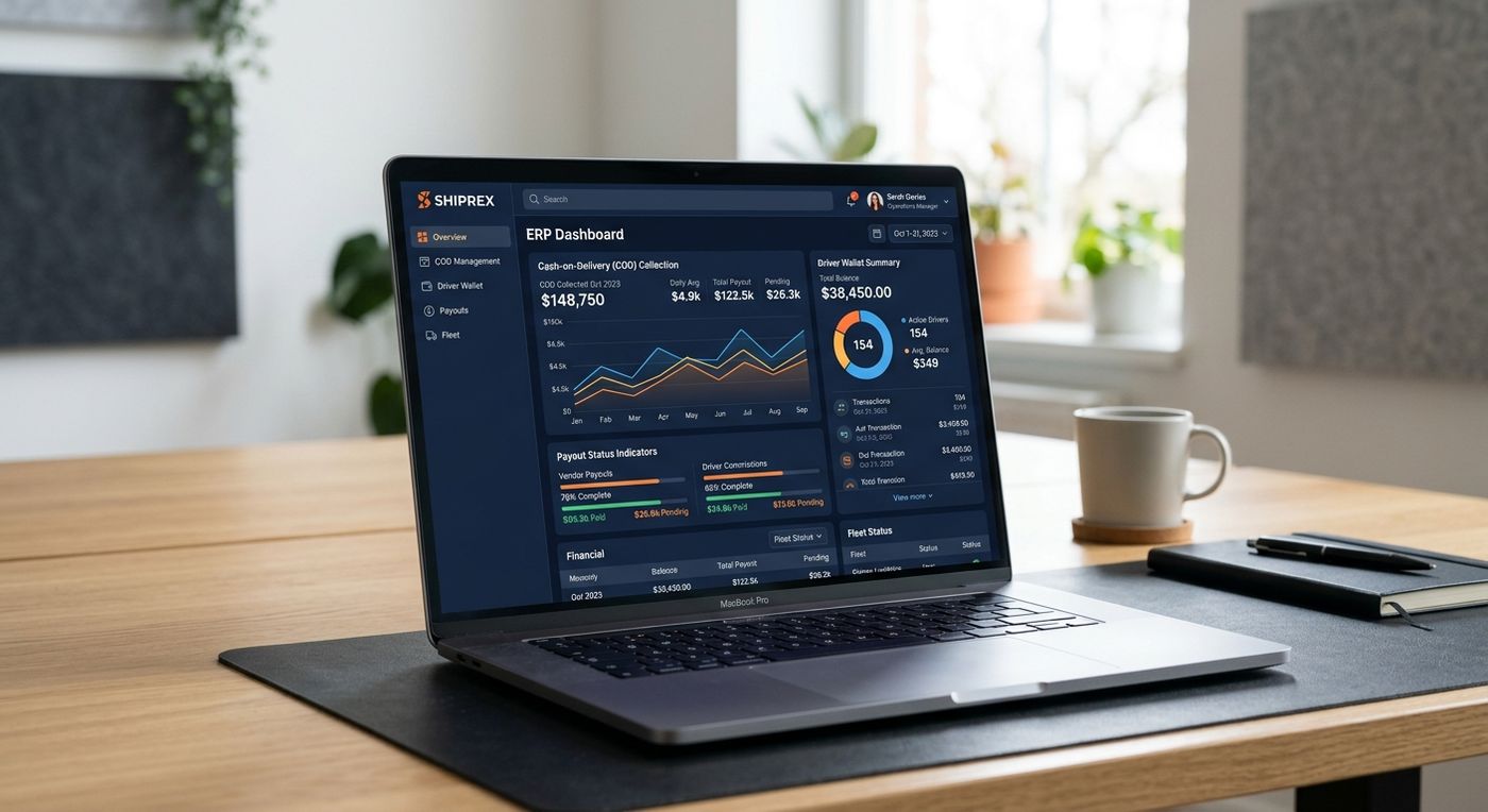 عرض لوحة تحكم ساس على شاشة كمبيوتر محمول توضح مقاييس تسوية الدفع عند الاستلام وإدارة محفظة السائق في شبركس.