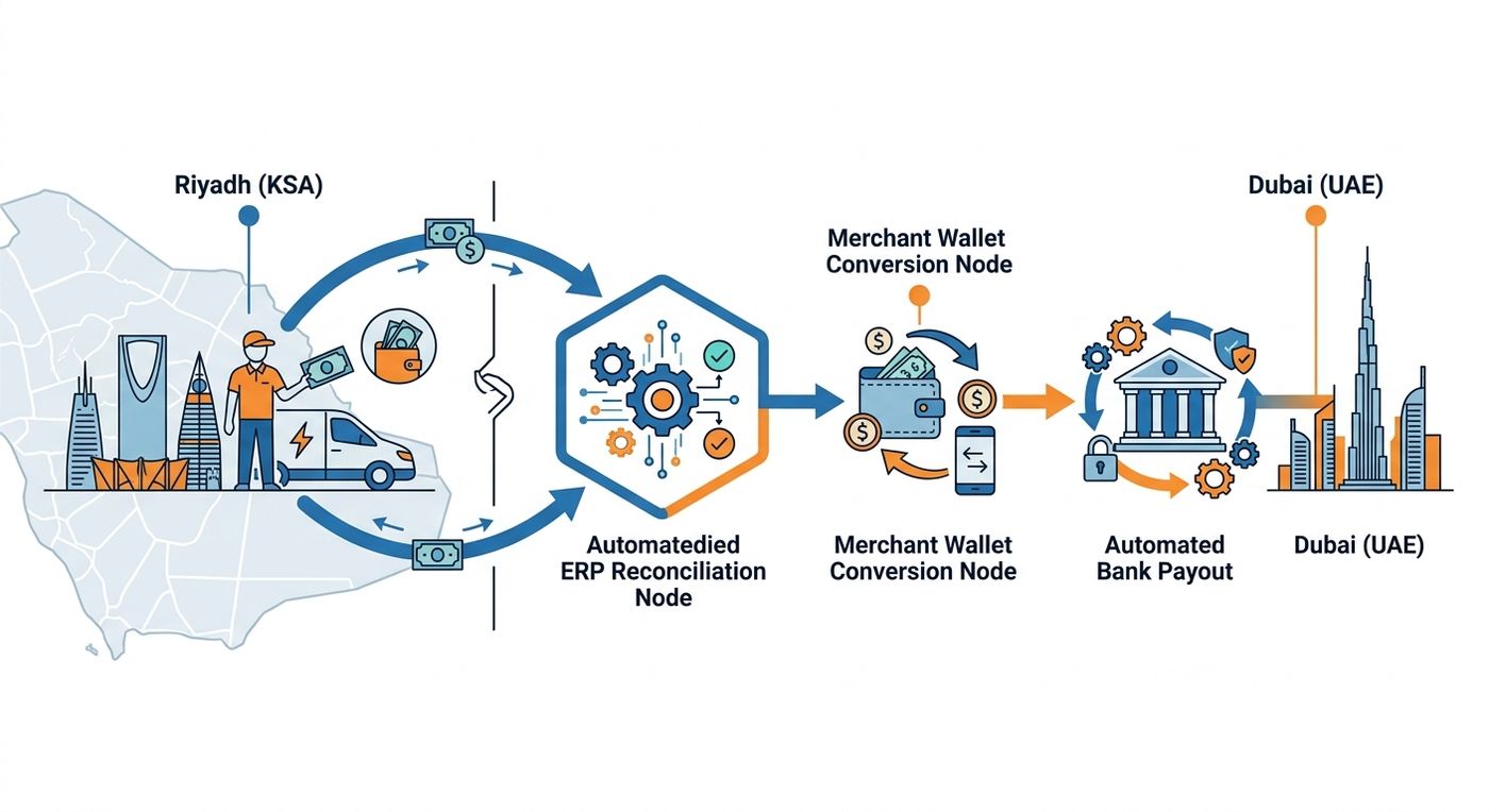 Workflow diagram of automated COD reconciliation and cross-border currency payout in a logistics ERP.