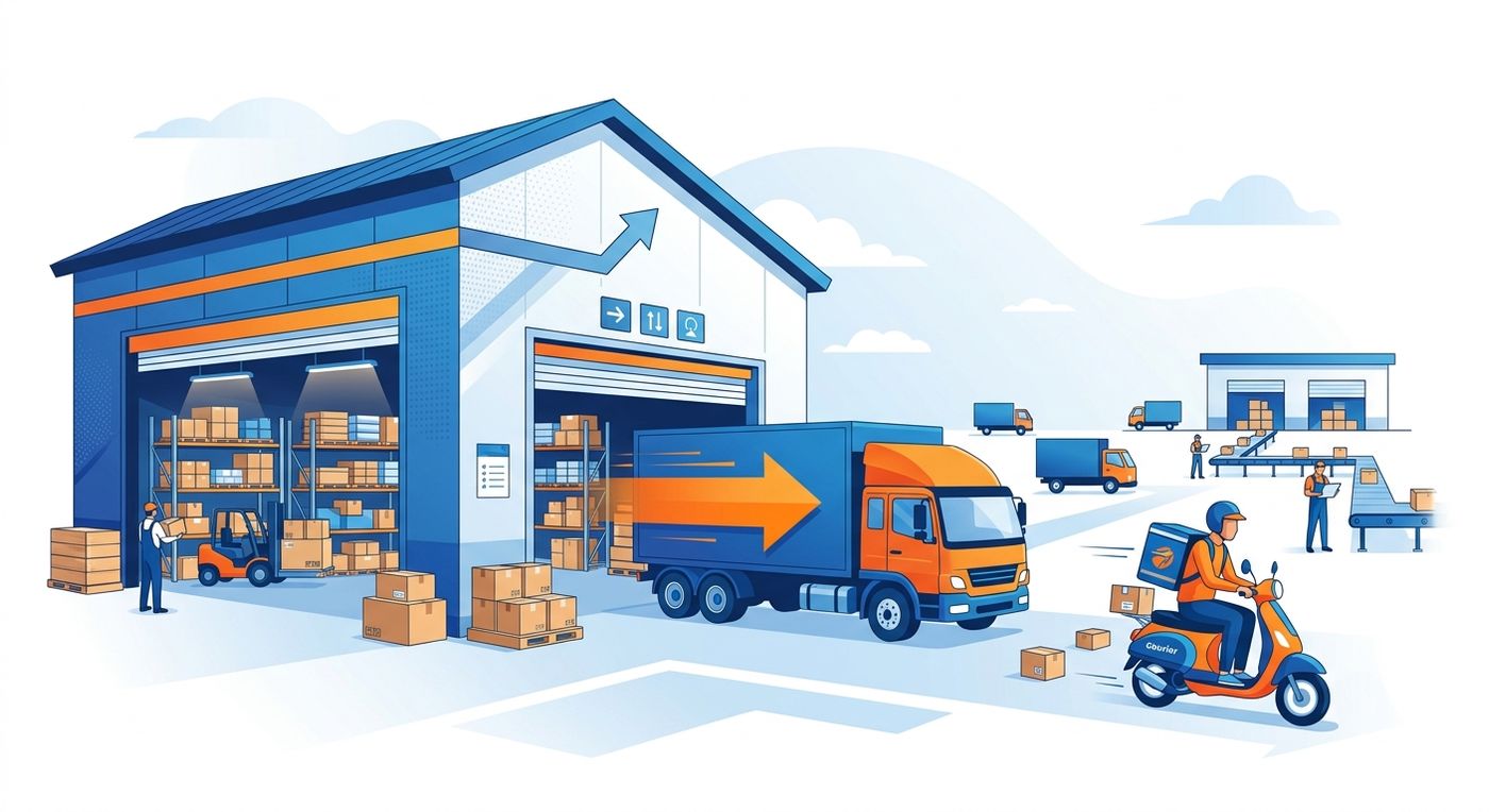 رسوم توضيحية مسطحة لمركز خدمات لوجستية 3PL يتوسع في عملياته خلال مواسم الذروة للتجارة الإلكترونية مع شاحنات توصيل ومندوبين.