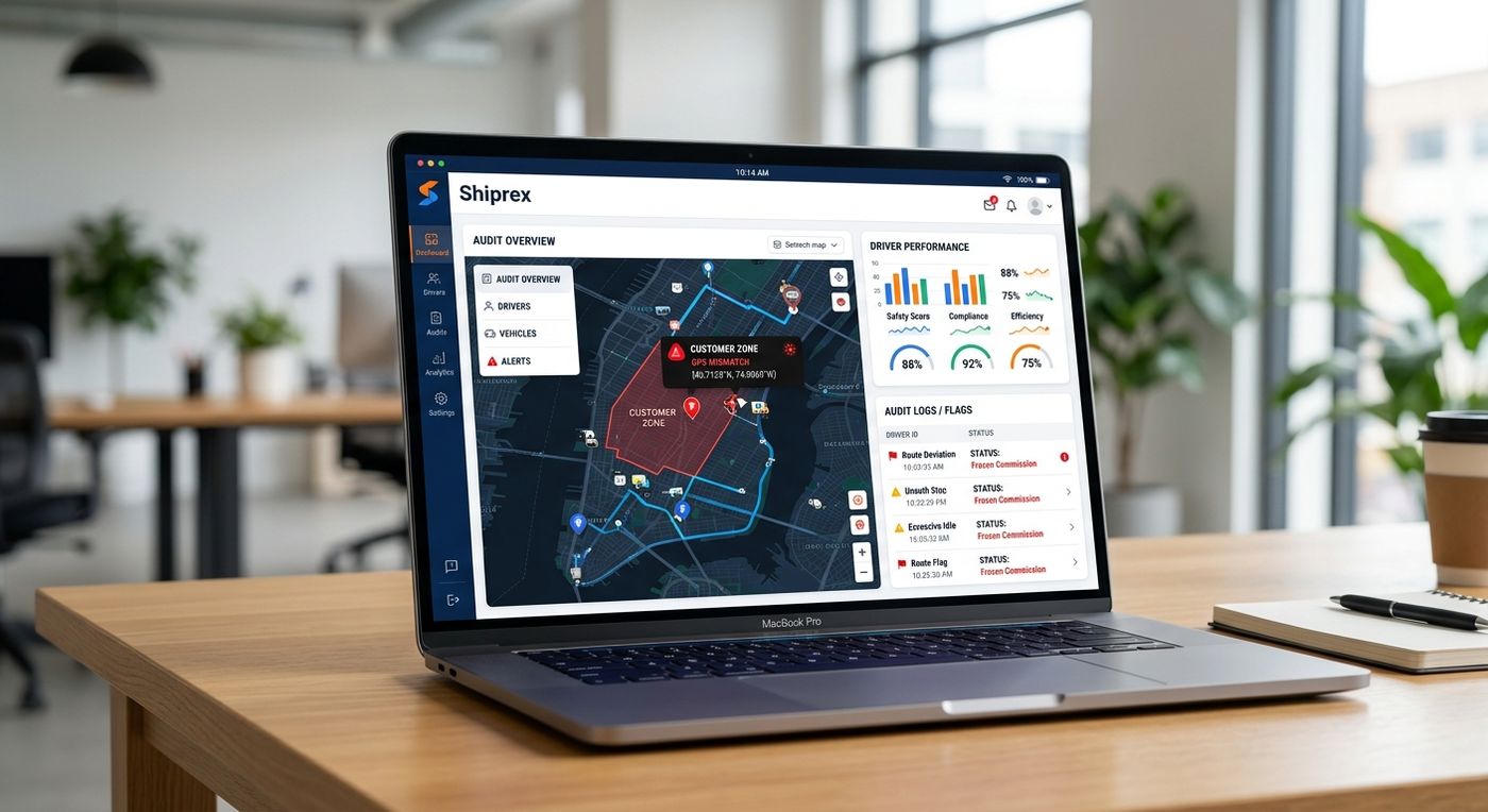 Shiprex driver audit dashboard displayed on a modern laptop, showing GPS route tracking, geofence mismatch alerts, and high-risk driver reports.