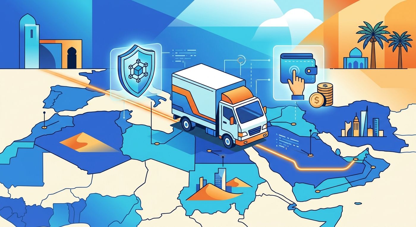 رسوم توضيحية مسطحة لمركبة توصيل على خريطة رقمية مع أيقونة محفظة آمنة، تمثل الشفافية اللوجستية وتسوية الدفع عند الاستلام.