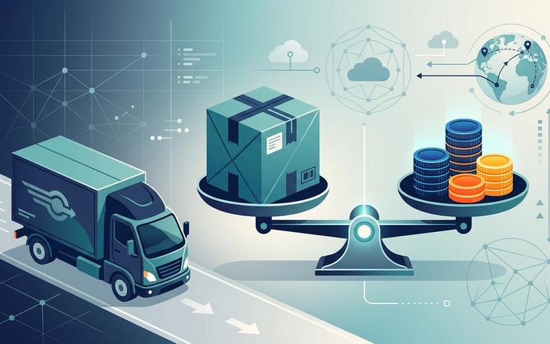 A modern vector illustration showing a cargo box on a digital scale balanced with financial coins, representing extra weight billing automation.