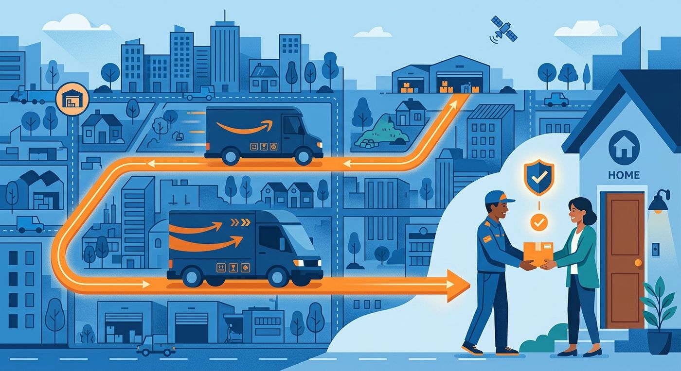 Flat vector illustration of a secure last-mile delivery with optimized routing and successful package handoff to a customer.
