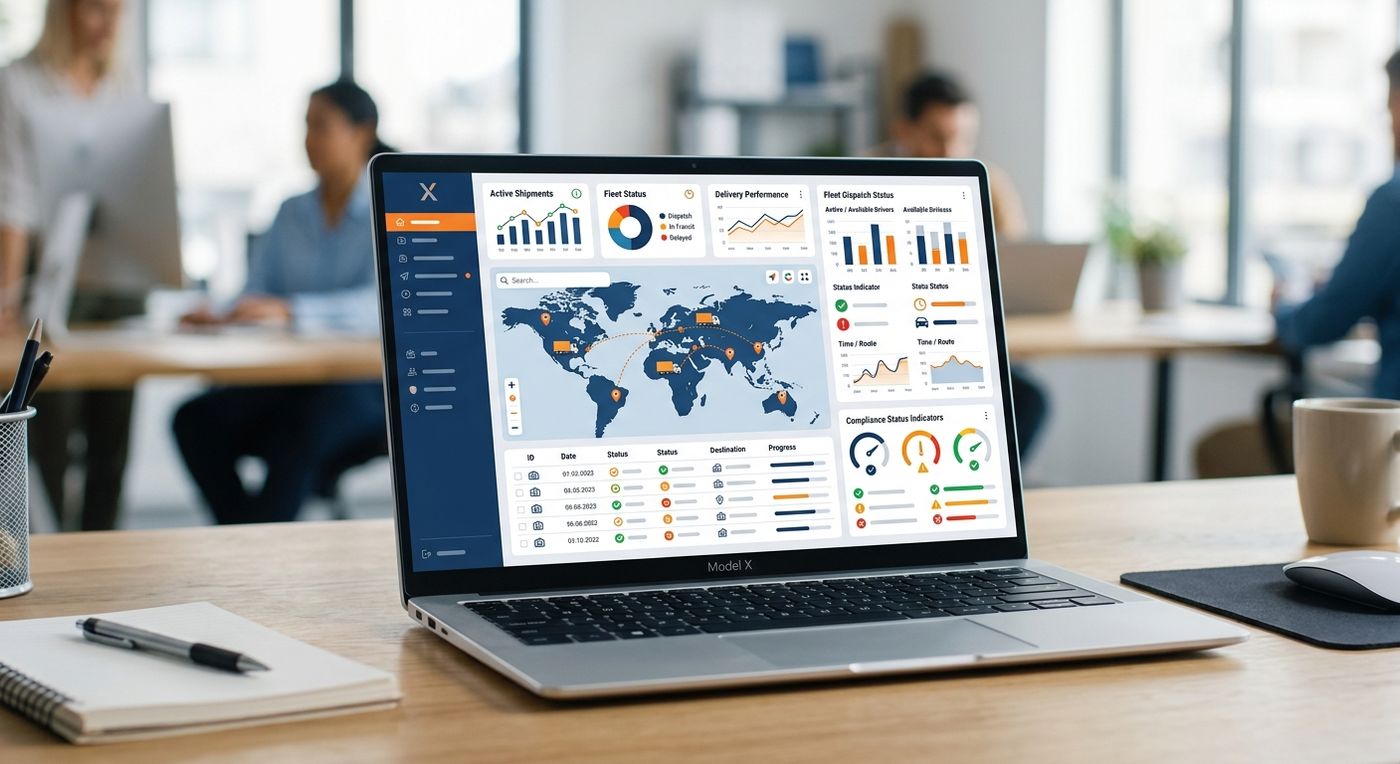 A modern SaaS dashboard mockup of Shiprex ERP displayed on a laptop, showing fleet tracking, waybill lifecycle, and compliance status indicators.