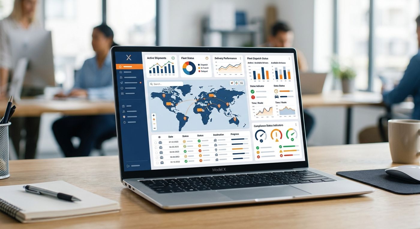 A modern SaaS dashboard mockup of Shiprex ERP displayed on a laptop, showing fleet tracking, waybill lifecycle, and compliance status indicators.