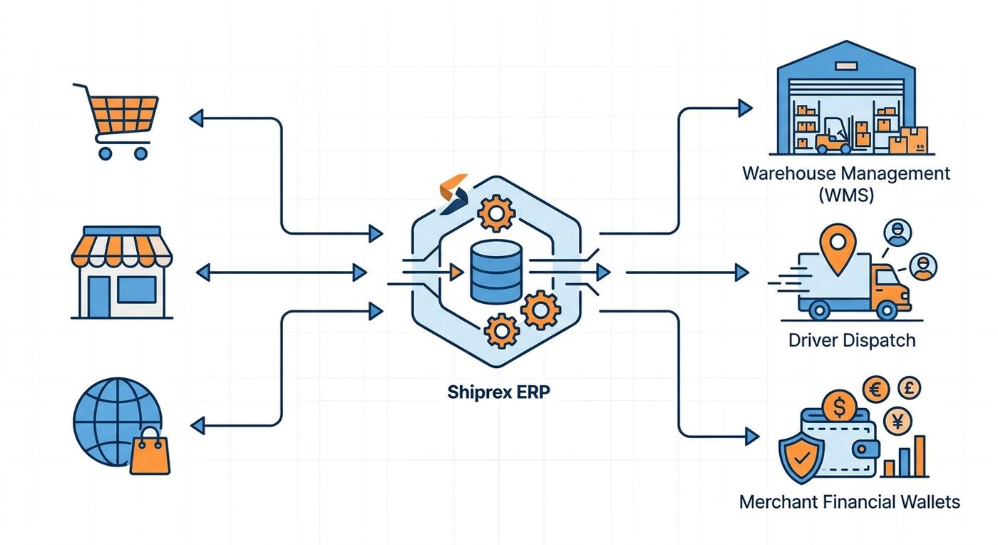 Technical diagram showing the automated flow of order data from e-commerce platforms to the Shiprex ERP, routing to dispatch and merchant wallets.