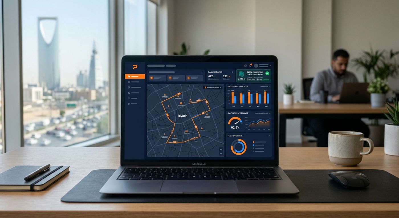 A professional SaaS dashboard mockup on a laptop displaying last-mile delivery analytics, driver performance metrics, and route tracking.