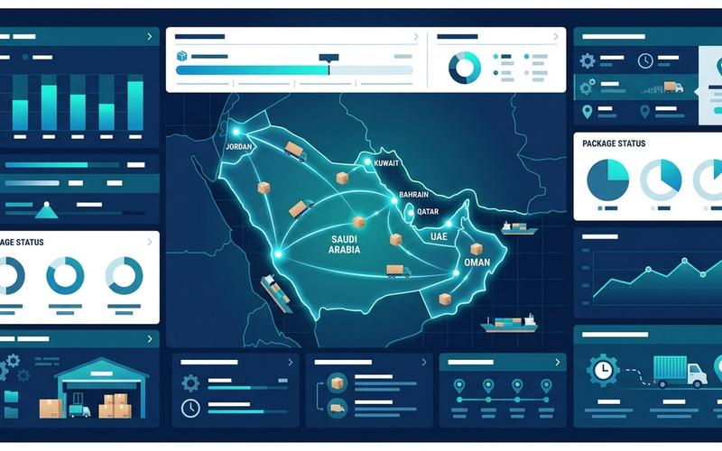 لوحة تحكم رقمية حديثة لنظام إدارة شحن تعرض تحليلات الخدمات اللوجستية والخرائط.