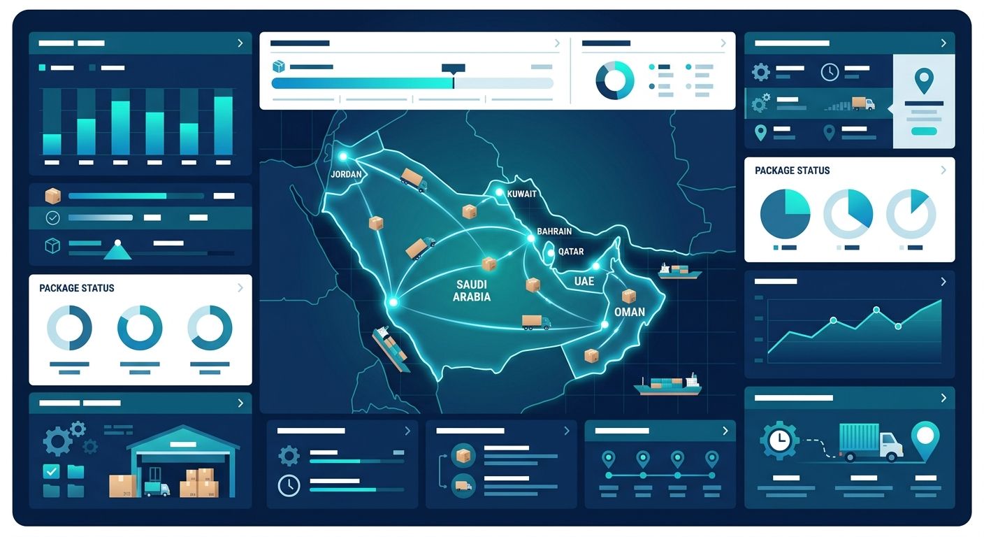A modern digital dashboard of a shipping ERP showing logistics analytics and maps.