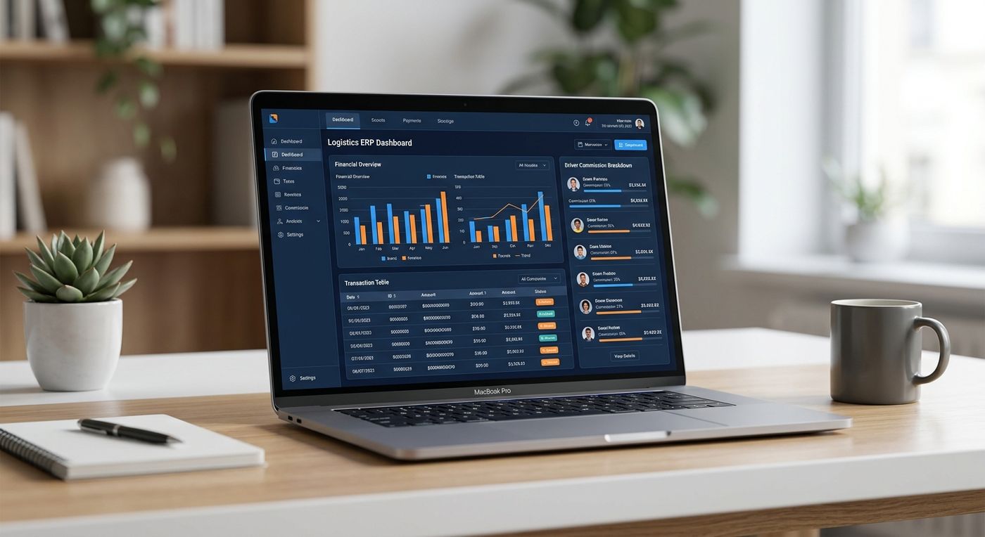 لوحة تحكم احترافية لنظام سحابي على شاشة كمبيوتر محمول تعرض واجهة إدارة تسوية الدفع عند الاستلام ومستحقات السائقين.