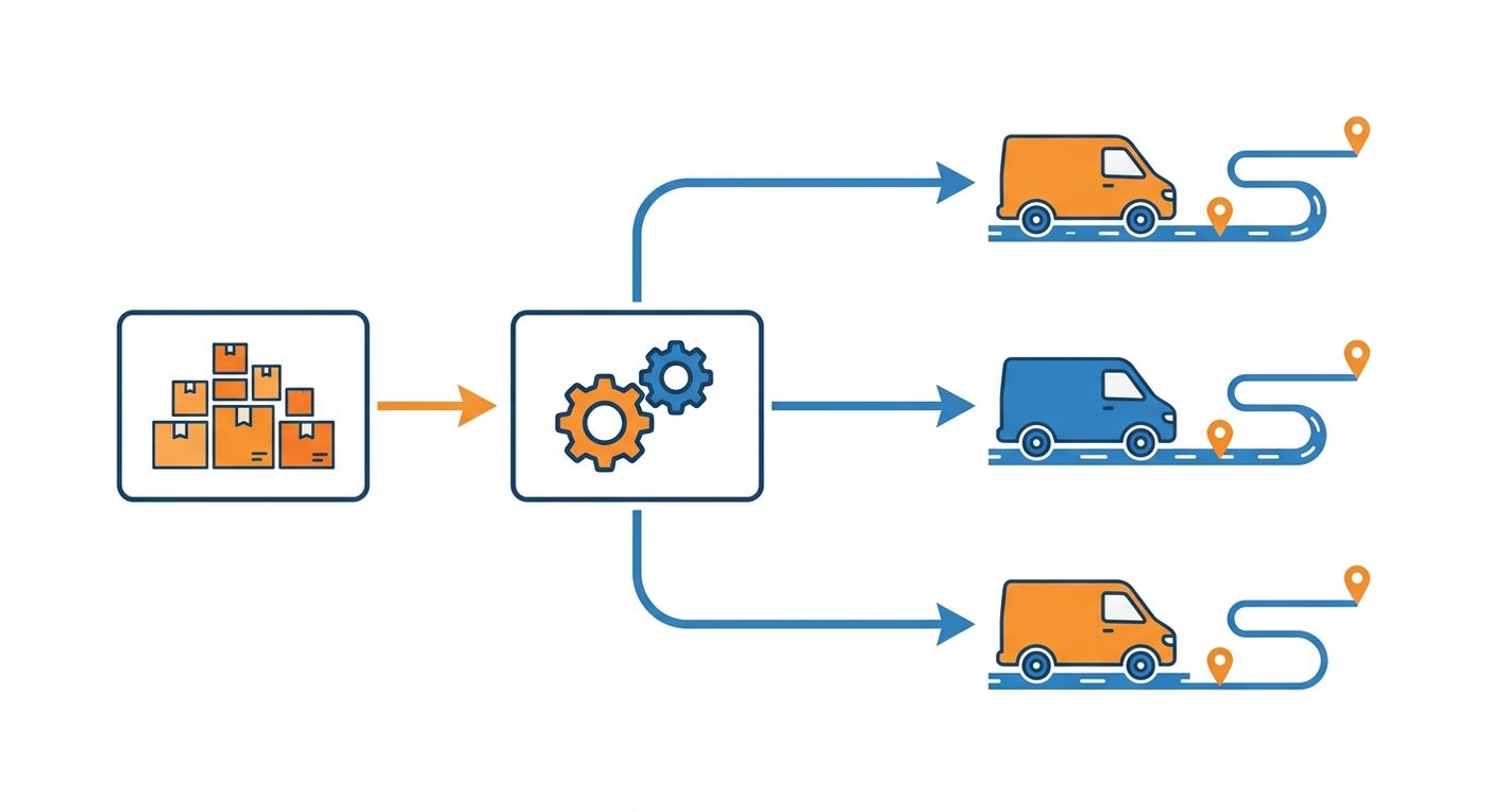 A technical flowchart showing the automated dispatch process from unsorted bulk orders to optimized routes for multiple delivery vehicles.