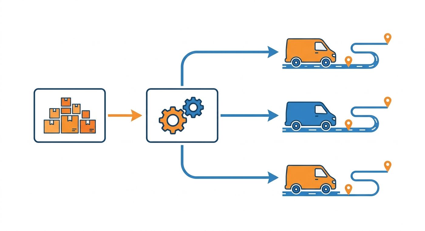 A technical flowchart showing the automated dispatch process from unsorted bulk orders to optimized routes for multiple delivery vehicles.