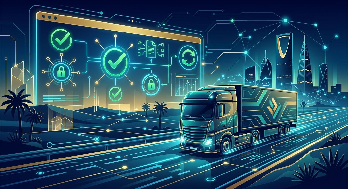 A digital dashboard illustrating automated WASL and TGA compliance integration for Saudi transport fleets.