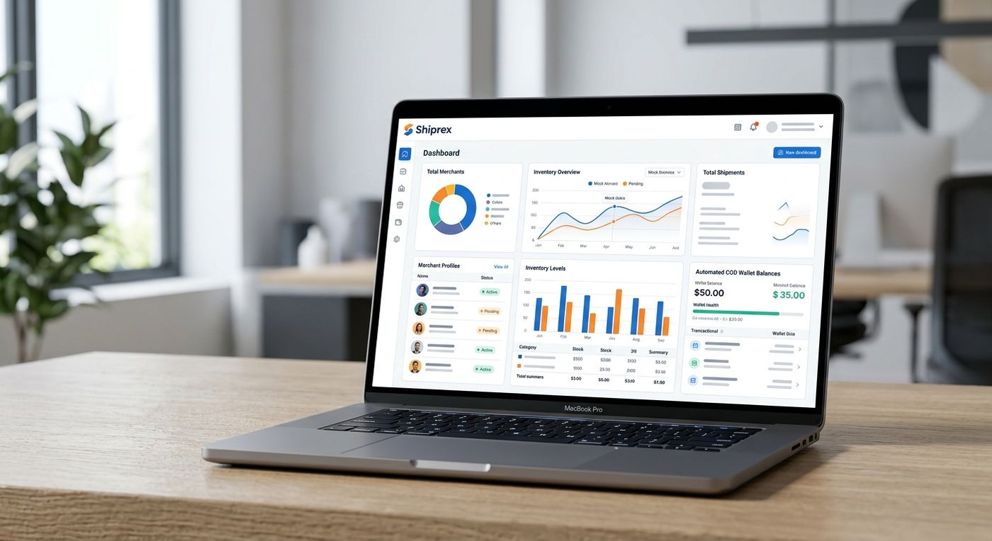 A sleek laptop showing the Shiprex multi-tenant dashboard with segregated merchant inventory and automated COD wallet balances.