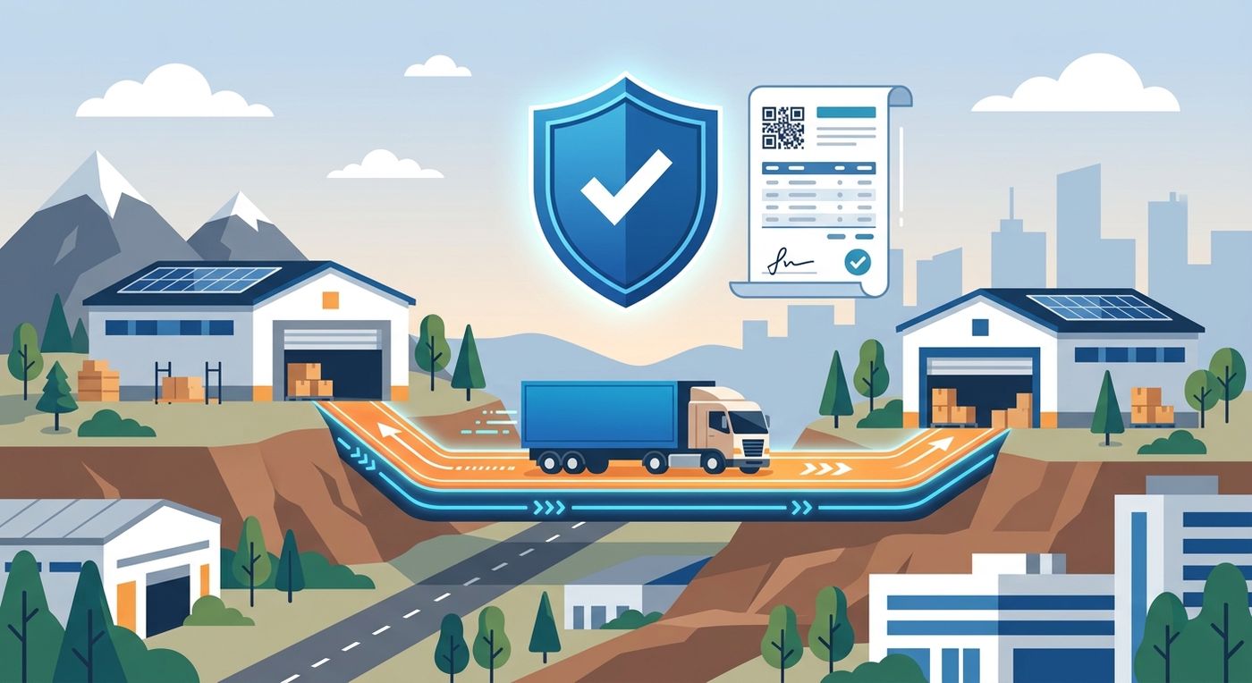 Flat vector illustration depicting secure multi-branch logistics, inter-branch transfers, and financial compliance.