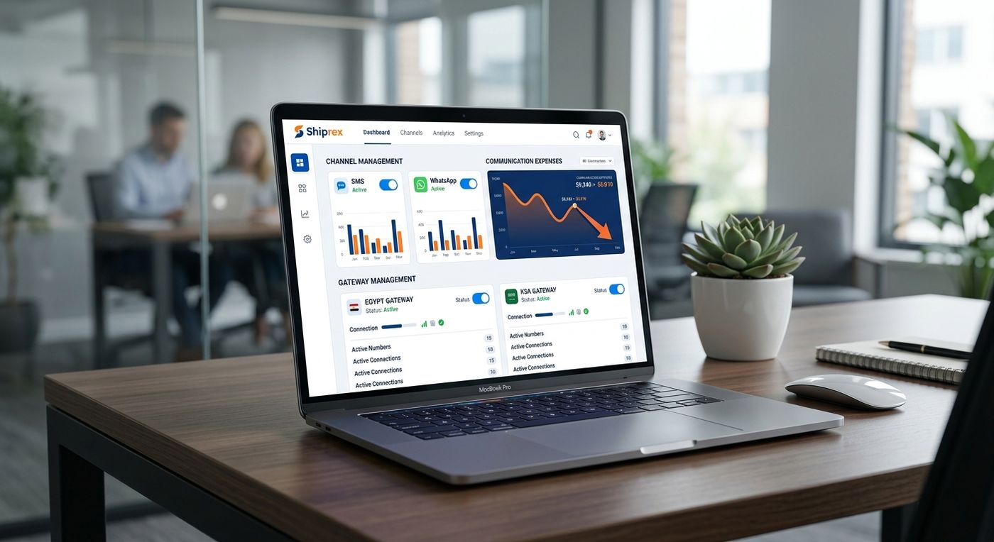 A product showcase of the Shiprex logistics ERP dashboard on a laptop, displaying notification channel management and communication cost reduction analytics.