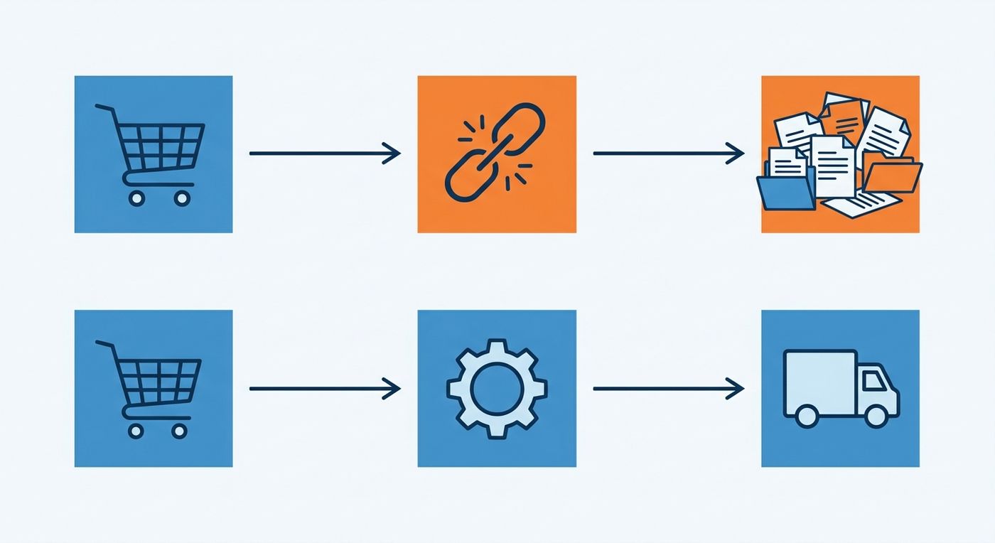 A technical diagram comparing chaotic manual order processing with automated, streamlined shipping integration for e-commerce.