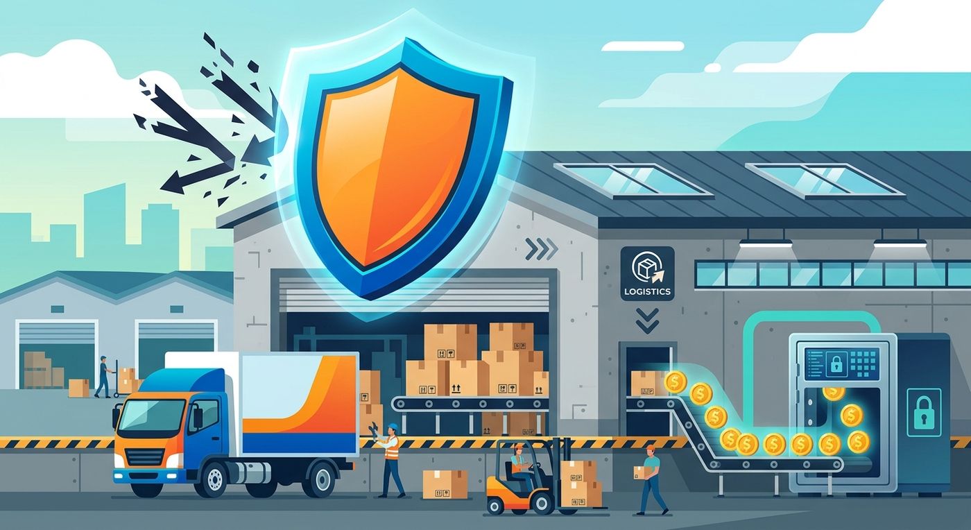 Conceptual illustration of a secure logistics warehouse protecting operating margins from return-handling losses.