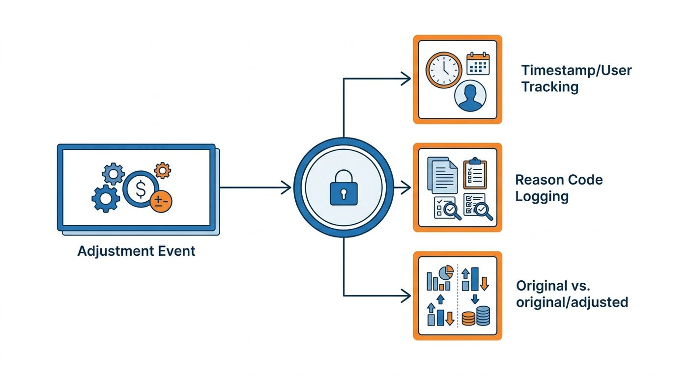 A technical flow diagram showing how Shiprex creates an immutable audit trail for driver payout adjustments, capturing timestamps, user IDs, and reason codes.