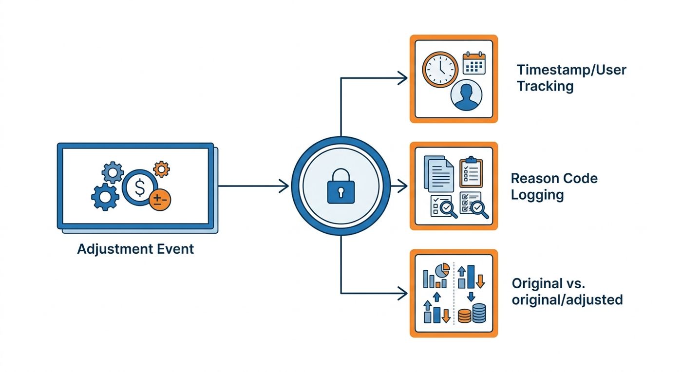 A technical flow diagram showing how Shiprex creates an immutable audit trail for driver payout adjustments, capturing timestamps, user IDs, and reason codes.