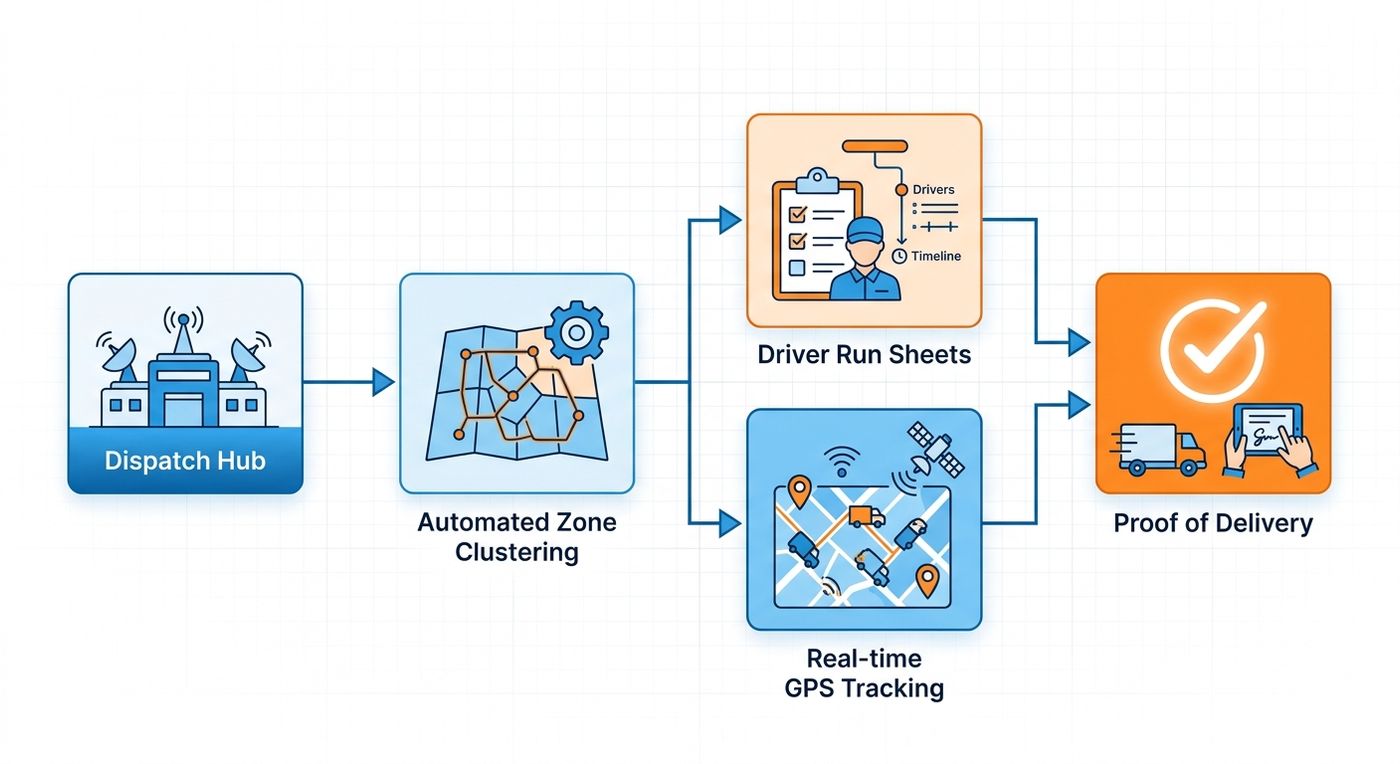 A technical workflow diagram illustrating the dynamic route planning and zone dispatch process in last-mile logistics ERP.