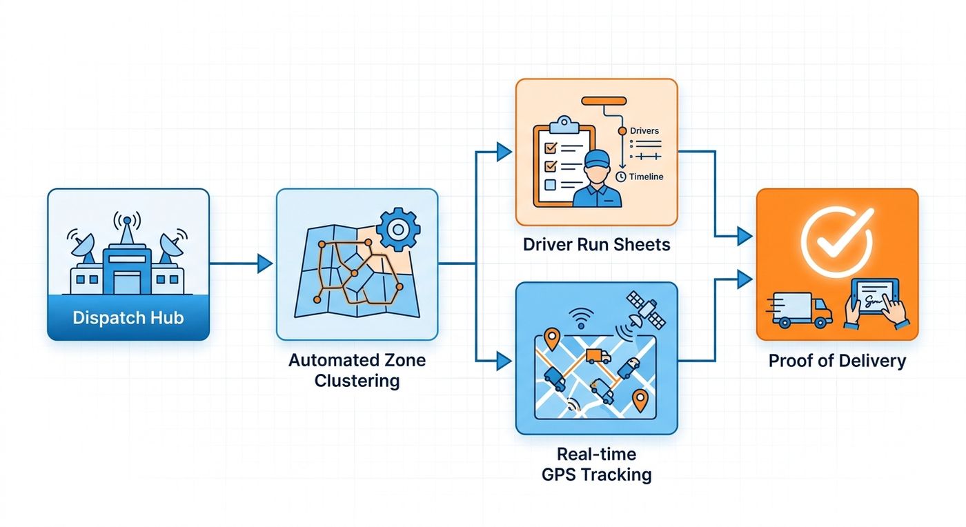 A technical workflow diagram illustrating the dynamic route planning and zone dispatch process in last-mile logistics ERP.