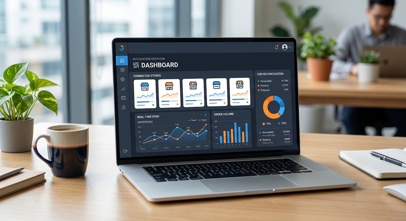 A modern shipping ERP dashboard on a laptop displaying e-commerce integration status and COD reconciliation metrics.