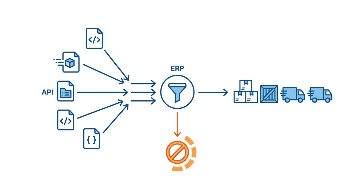 Technical flowchart diagram showing how an ERP system filters out duplicate API order payloads to prevent double shipping.