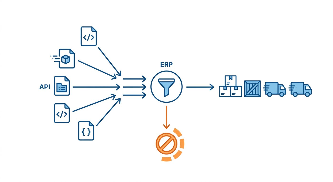Technical flowchart diagram showing how an ERP system filters out duplicate API order payloads to prevent double shipping.