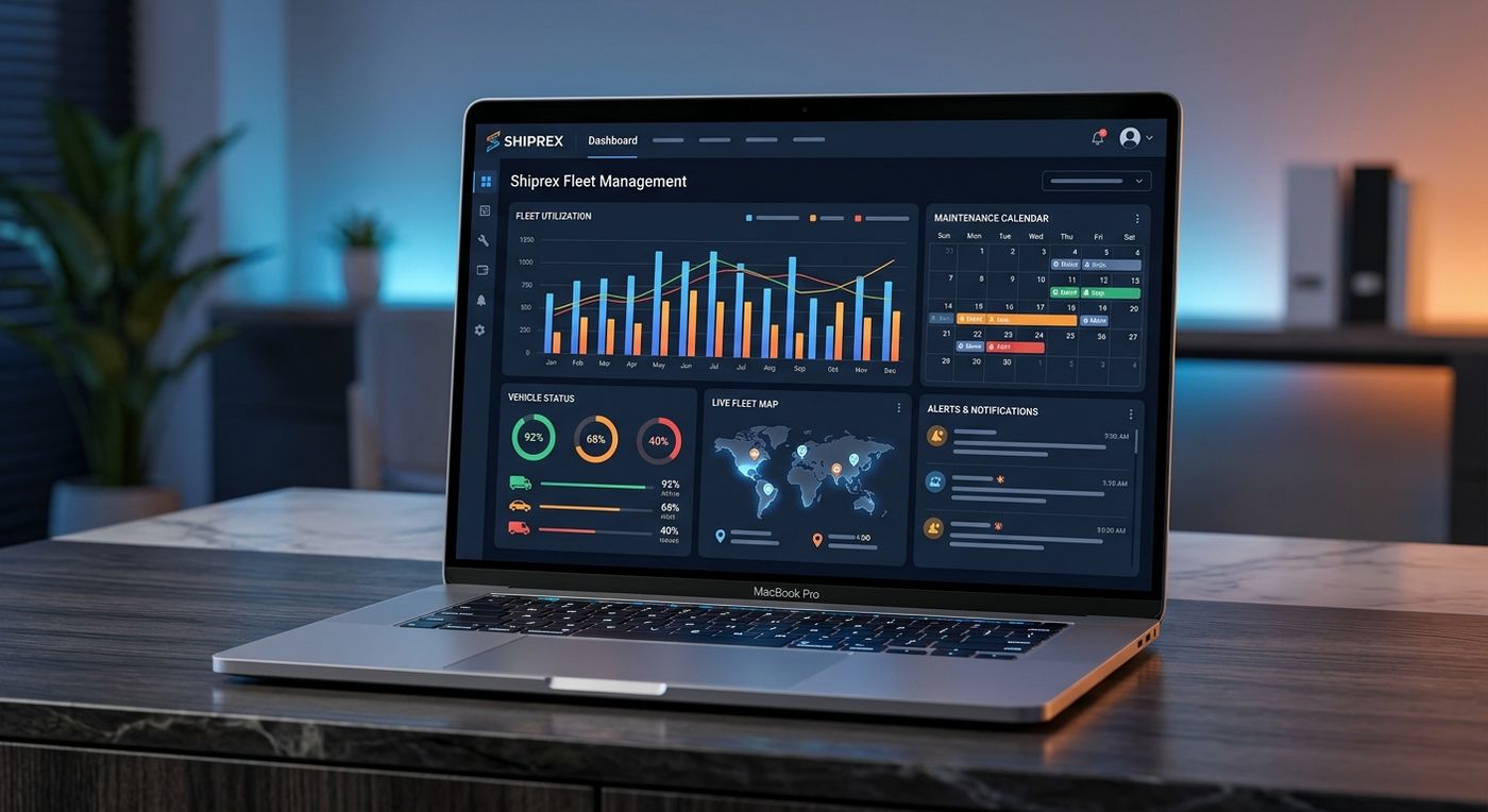 A sleek laptop displaying the Shiprex fleet maintenance and vehicle tracking dashboard with clean data visualizations.