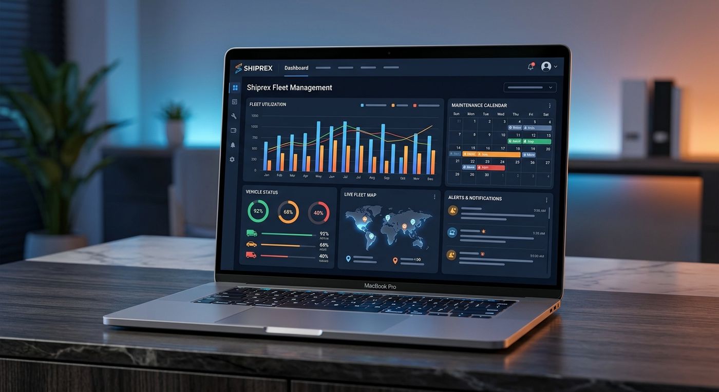 شاشة كمبيوتر محمول أنيقة تعرض لوحة تحكم شيبريكس لإدارة صيانة الأسطول وتتبع المركبات مع رسوم بيانية واضحة.