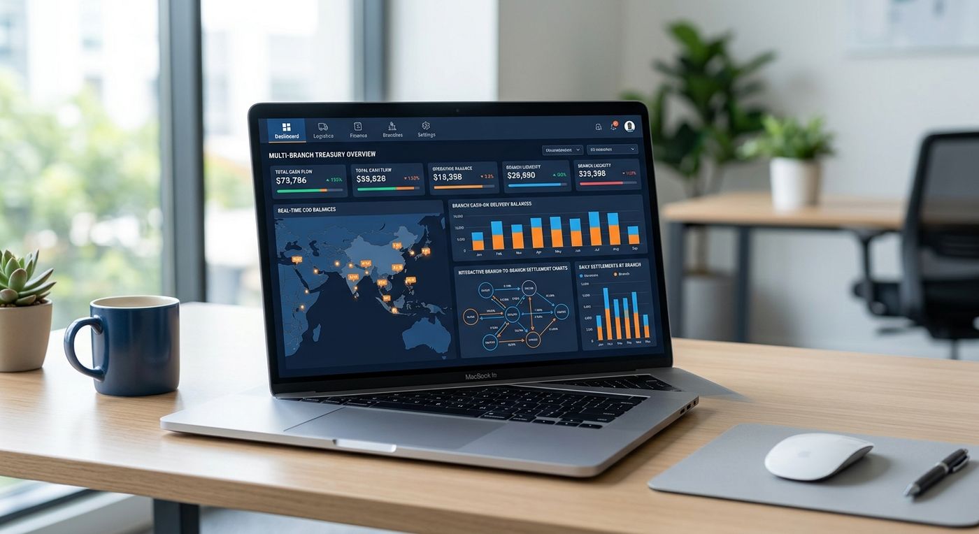 Product showcase of the Shiprex financial dashboard displaying multi-branch treasury management and real-time COD reconciliation.