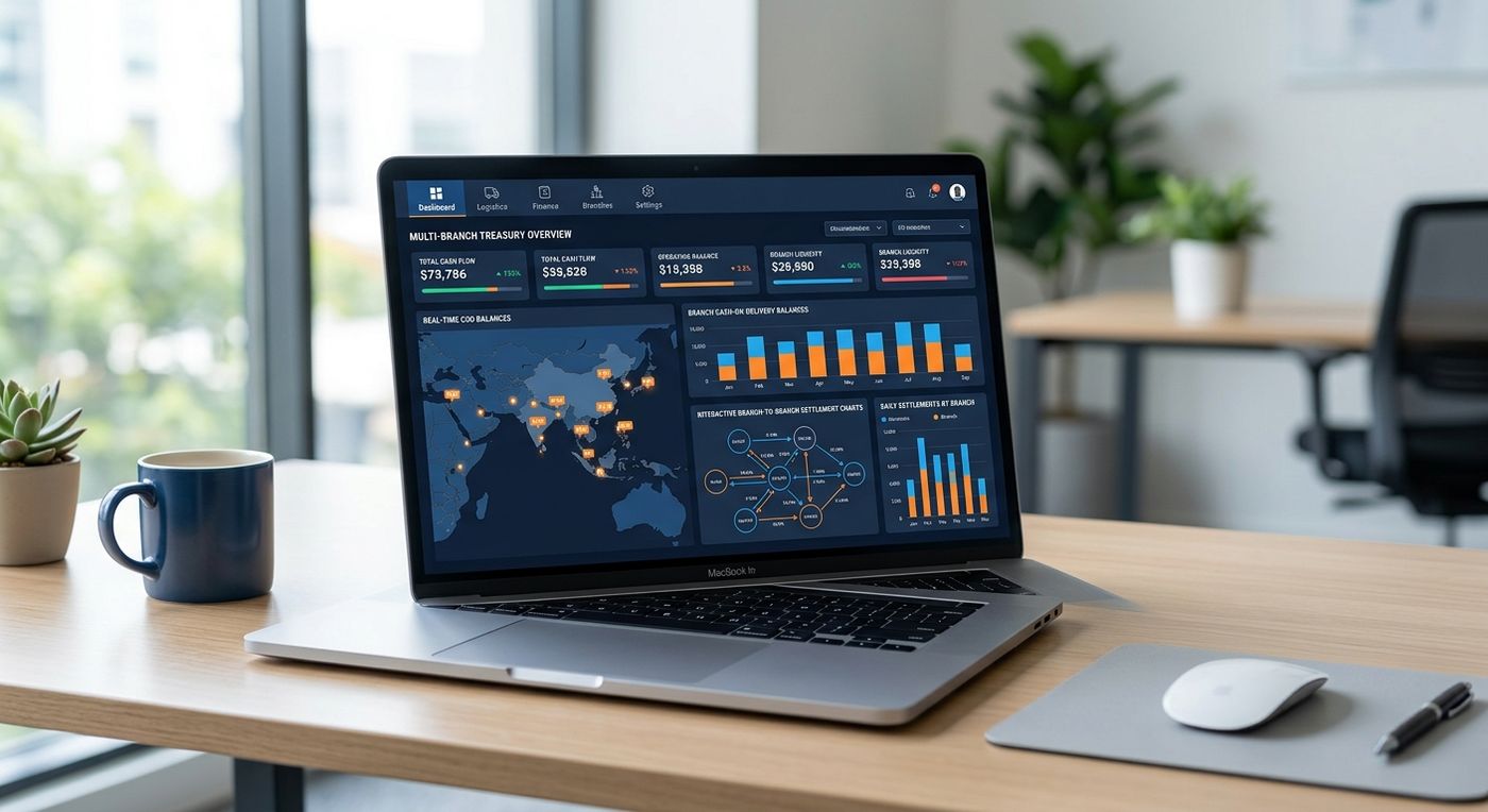 Product showcase of the Shiprex financial dashboard displaying multi-branch treasury management and real-time COD reconciliation.