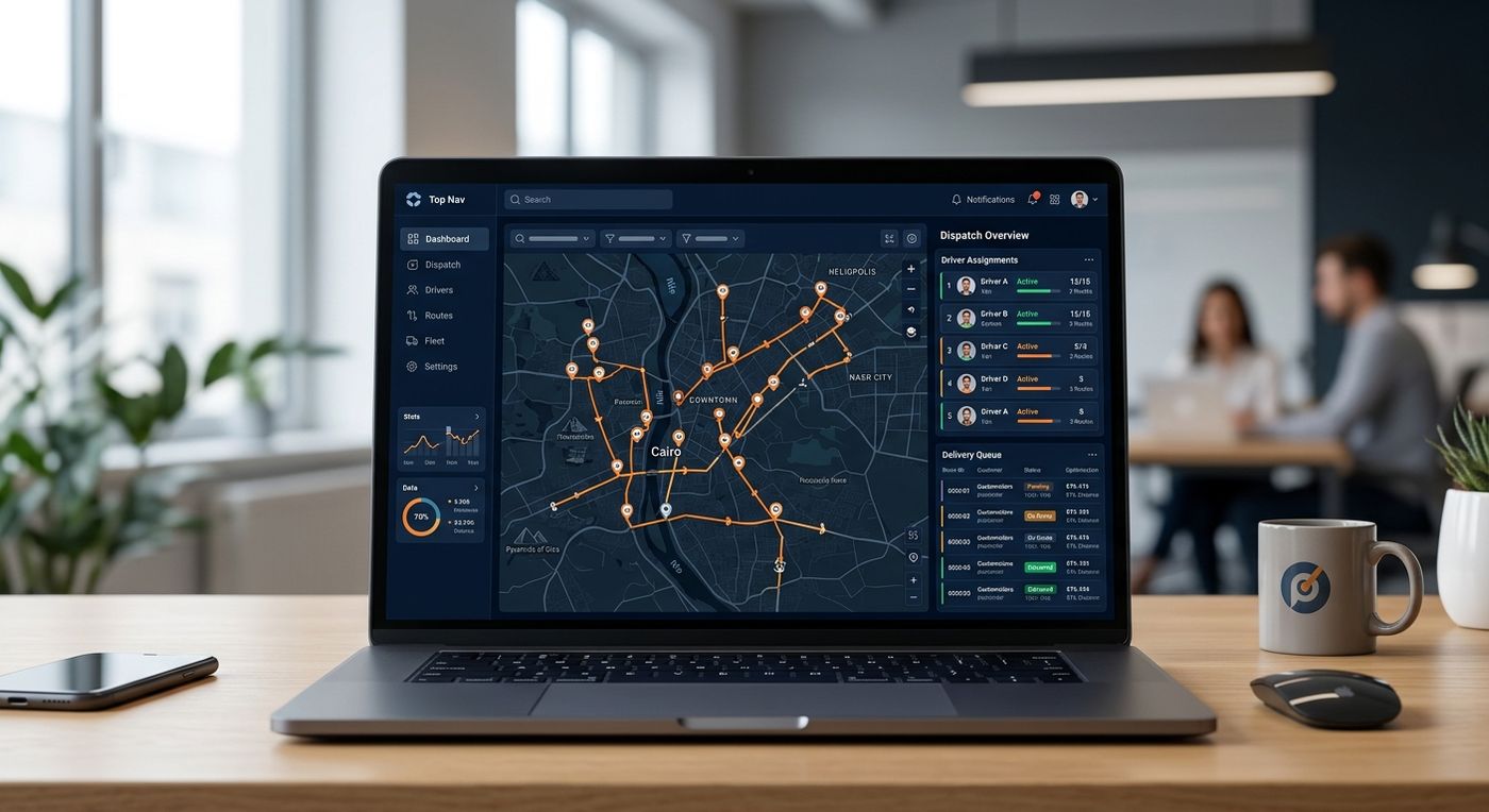 لوحة تحكم نظام إدارة التوصيل للميل الأخير من شبريكس على شاشة لابتوب توضح تحسين مسارات الشحن وإدارة المندوبين لشركات الخدمات اللوجستية في مصر.