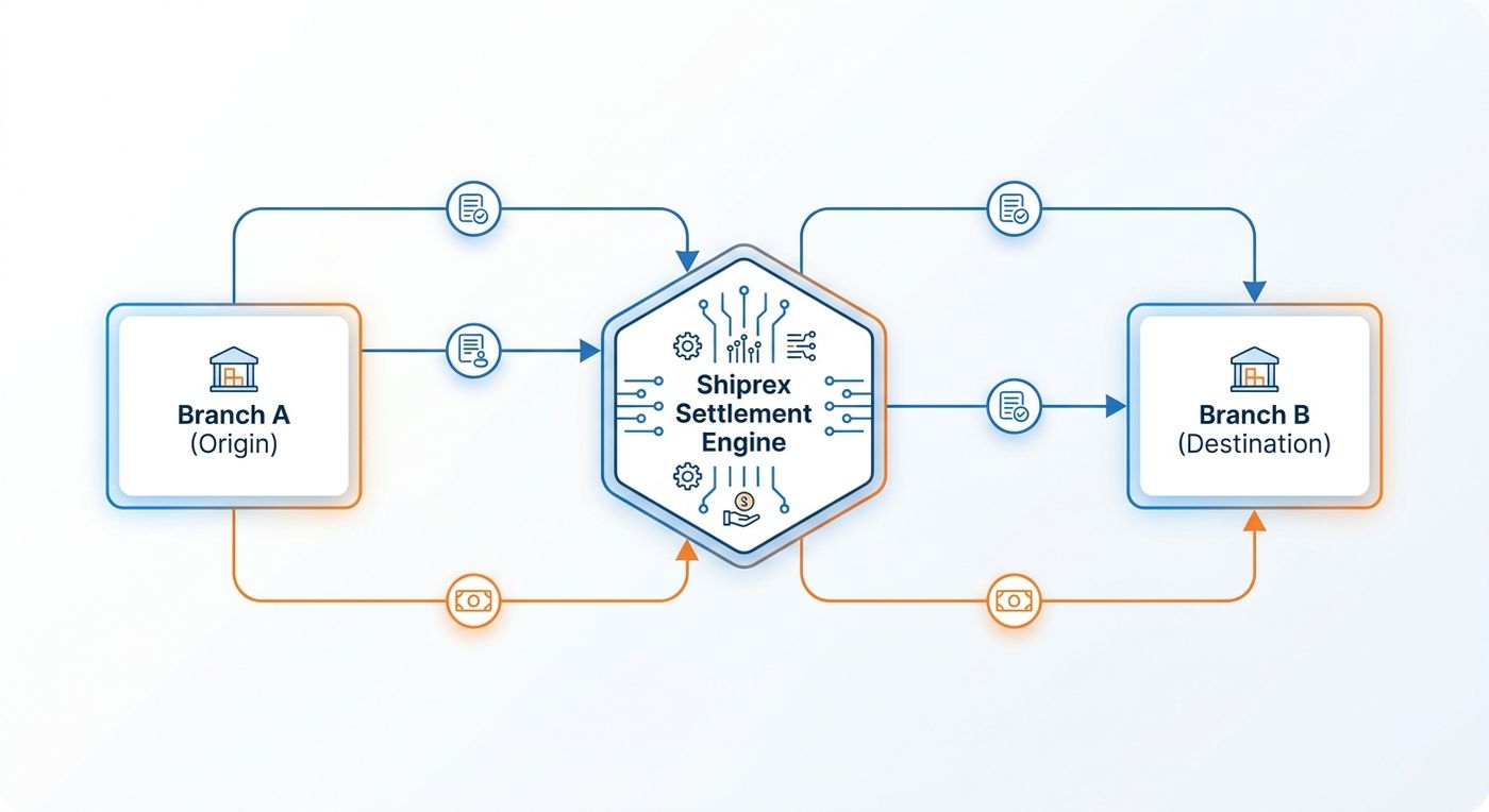 Technical diagram illustrating the automated inter-branch cash reconciliation and settlement process between logistics hubs.