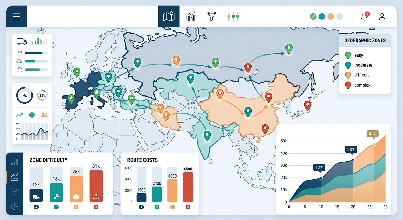 A conceptual illustration of a digital map with dynamic delivery zones and driver payout indicators.