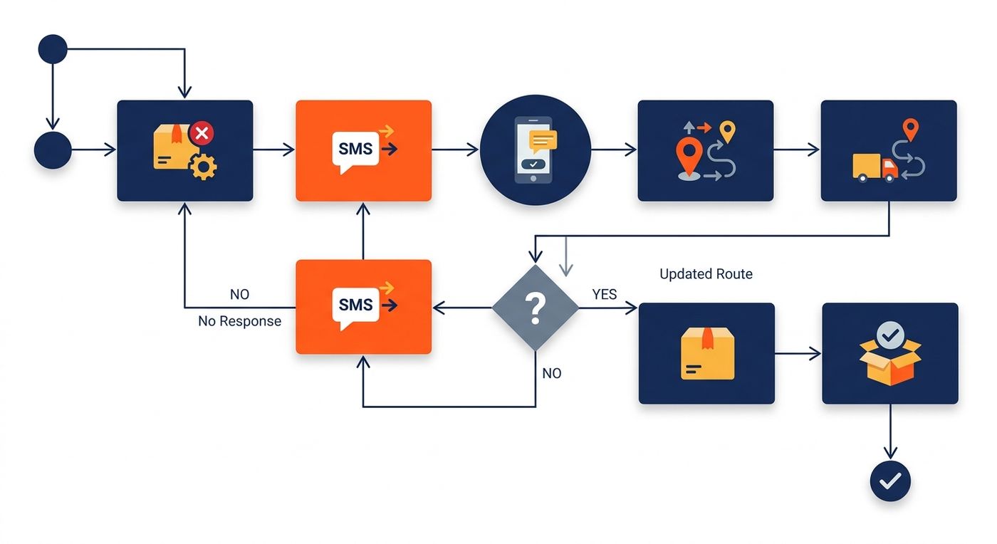 A technical flowchart diagram illustrating the automated recovery workflow for a failed first-attempt delivery in the Shiprex ERP system.