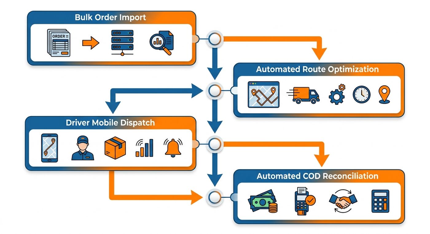 Technical flowchart illustrating the automated bulk dispatching, routing, and COD reconciliation workflow in a logistics ERP.