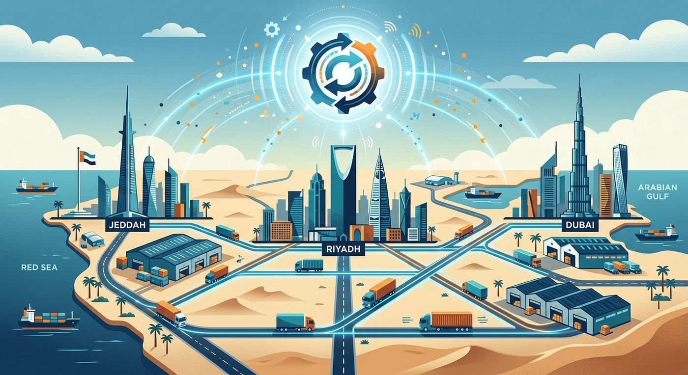 Editorial illustration of synchronized logistics operations and fleet management across GCC cities with optimized routes.