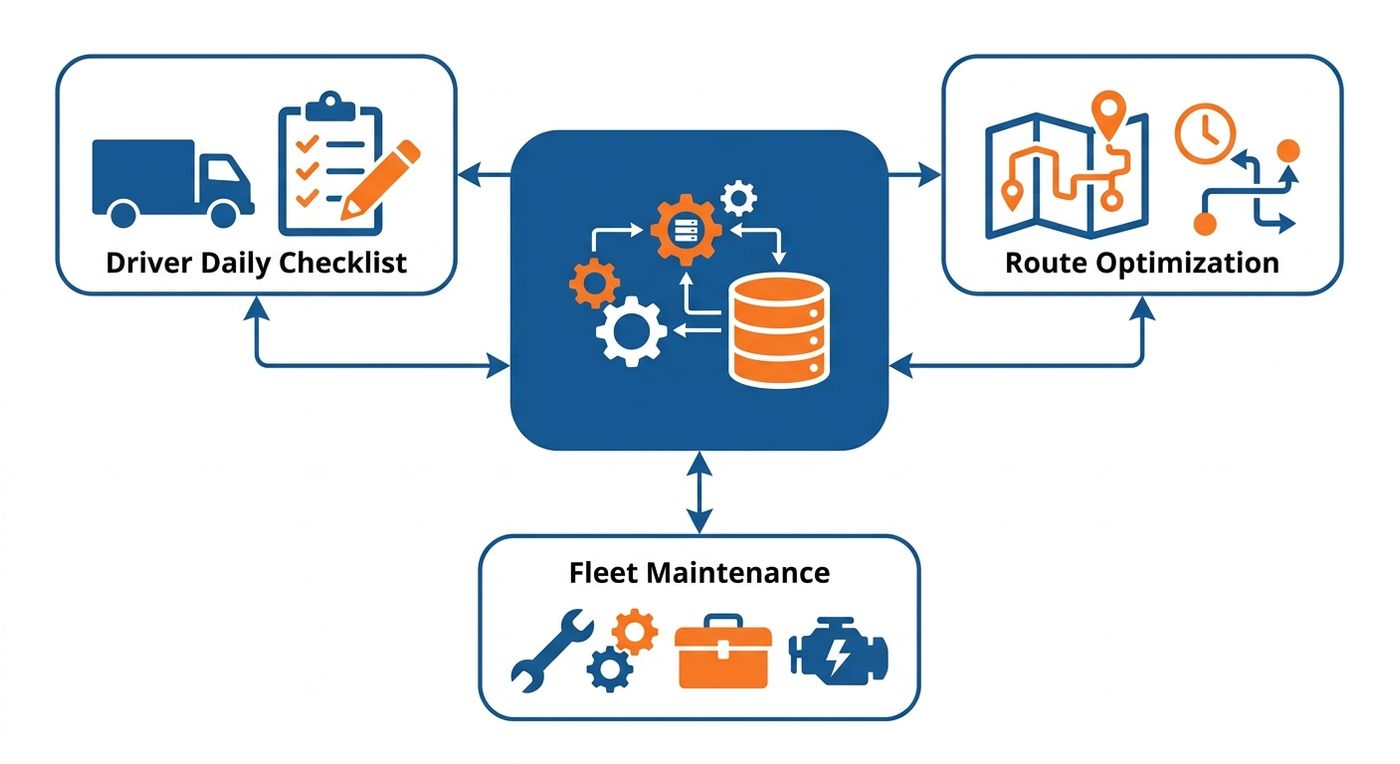 Technical flowchart diagram showing the integration of driver checklists, route optimization, and fleet maintenance into a central ERP system.